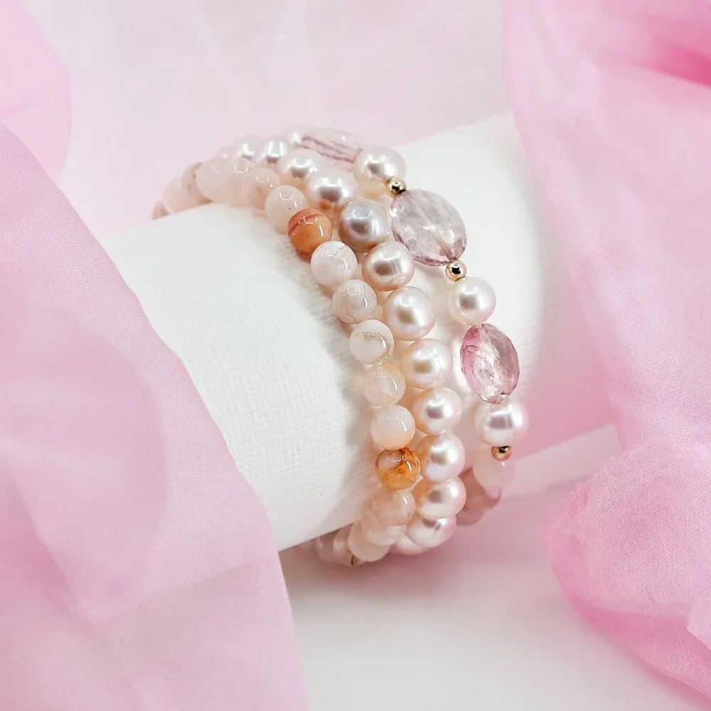 Dainty Bracelet Set, Pearl & Sakura Agate Gemstone Stretch Bracelet, OOAK